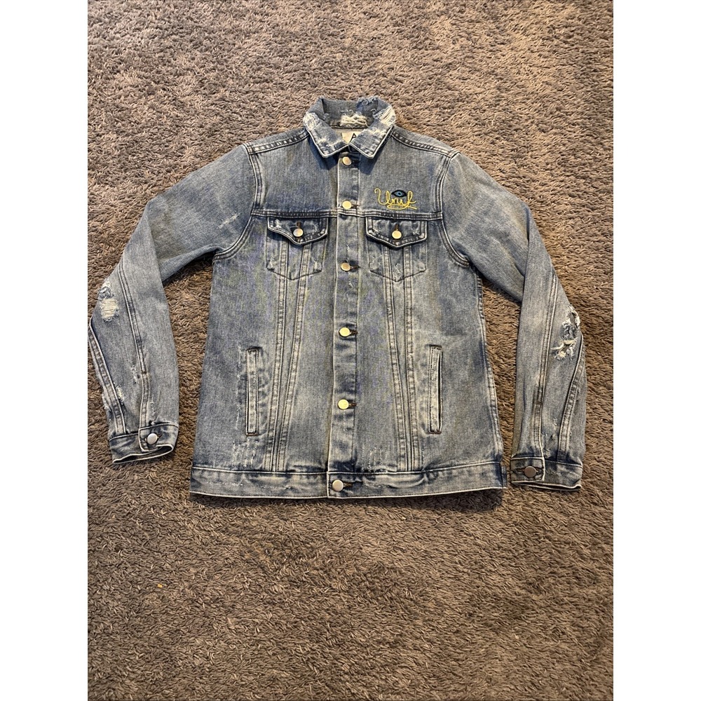 UNIF Outsider Denim Jacket Distressed Rose F*ck Embroidered Size S Small
